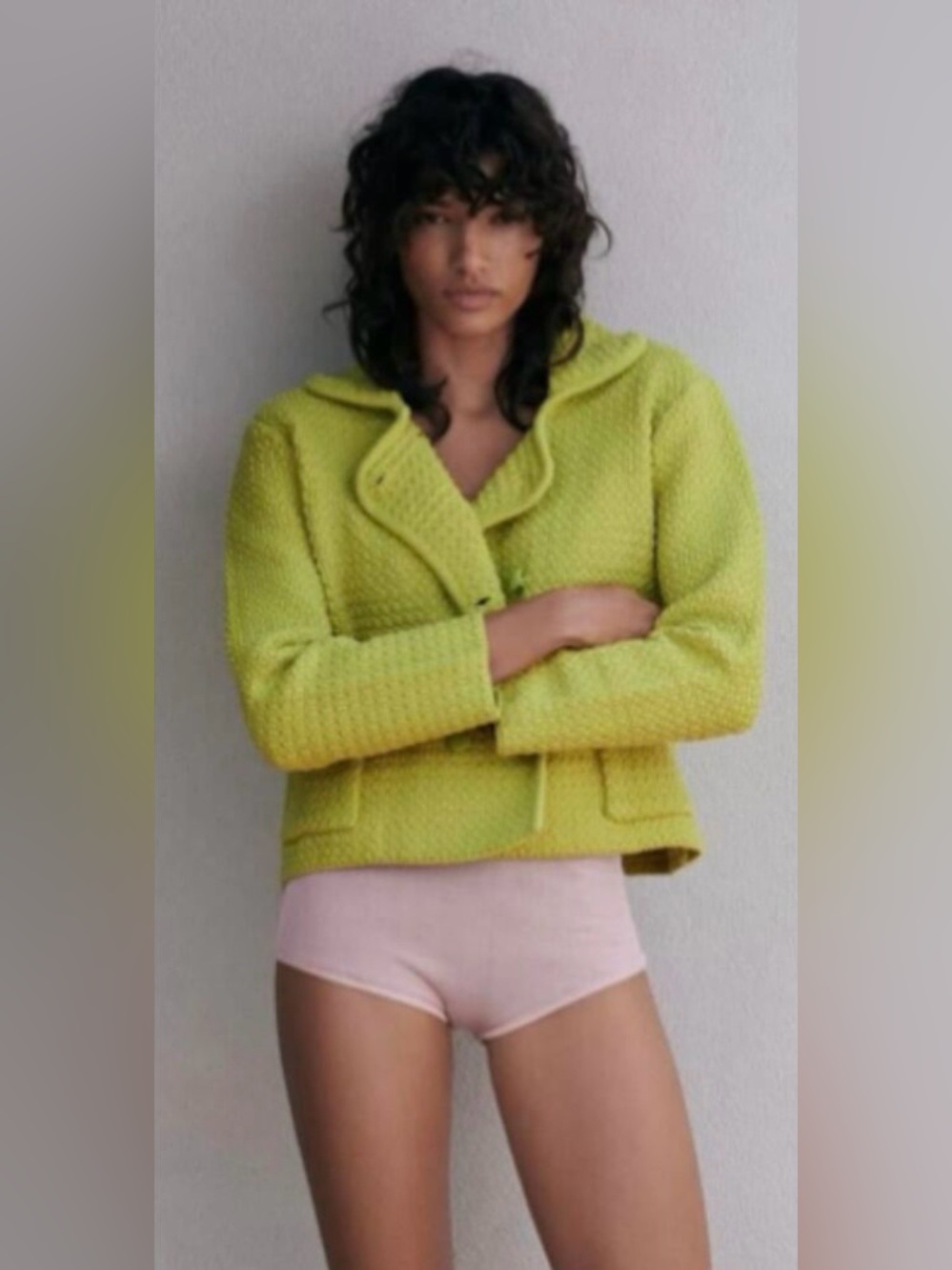 Zara Chunky Knit Cardigan With Peter Pan Collar in Lime Green - Picture 9 of 10
